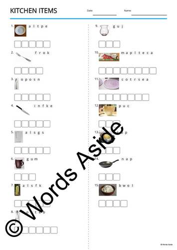 Vocabulary Worksheets Cards Crossword Word Search KITCHEN by Words Aside