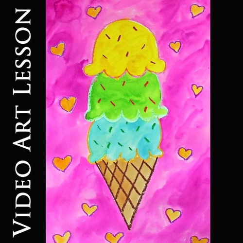 Preview of ICE CREAM CONE & HEARTS Art Project | Easy SUMMER Drawing & Painting Activity