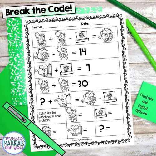 Crack the Code Algebraic Thinking Logic Puzzles St Patricks March