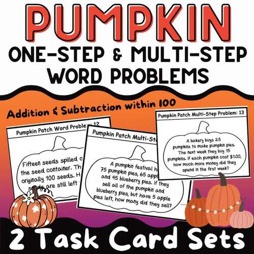 Halloween Math Activity | Pumpkin Word Problems Task Cards | One & Multi-Step