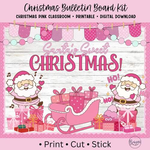 Christmas Bulletin Board Kit: Pink Santa Theme | Holiday Classroom Decor