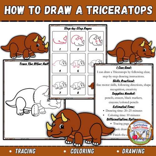 How to Draw a Triceratops | Step-by-Step Drawing, Tracing & Coloring Pages