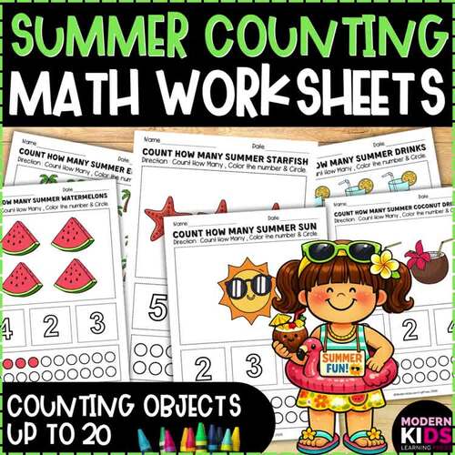 Summer Number Sense Counting Worksheets Up to 20 - Kindergarten Math ...
