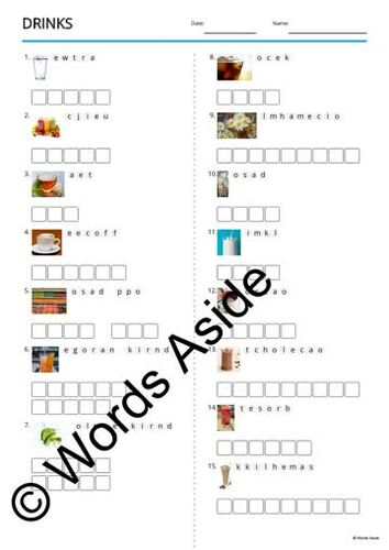 Vocabulary Worksheets Cards Crossword Word Search Anagram DRINKS by