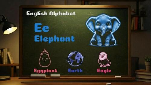 Preview of Animated chalkboard video showing the letter E with colorful chalk drawings.