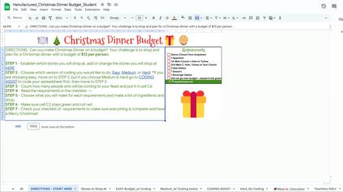 Holiday Budget: No-Prep, Financial Literacy, STEM Coding Spreadsheets Activity