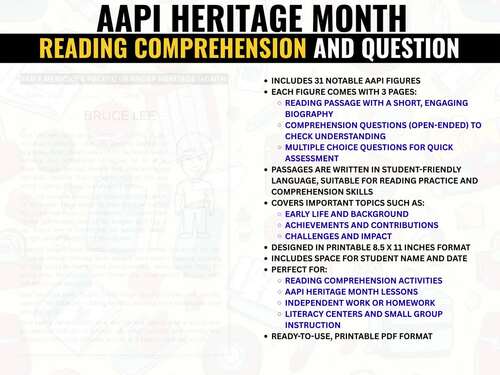 AAPI heritage Month Reading Comprehension Passages | 31 figures Biography