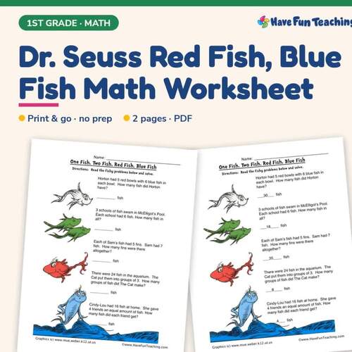 Dr. Seuss Red Fish, Blue Fish Math Worksheet | K-1st Grade Read Across ...