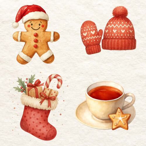 Watercolor Christmas Clipart | 39 PNG Bundle, Santa, Reindeer by AmsolBooks