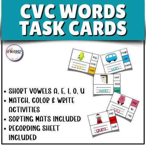 CVC Word Task Cards and Sorting Mats | Short Vowel Phonics Activities A ...