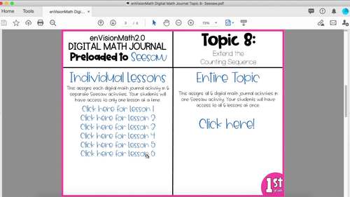 enVisionMath2.0 Digital Math Journal 1st Grade Topic 8 - Seesaw | TPT