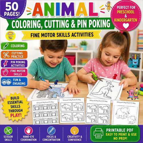 Animal Coloring Cutting & Pin Poking Activities Fine Motor Skills ...