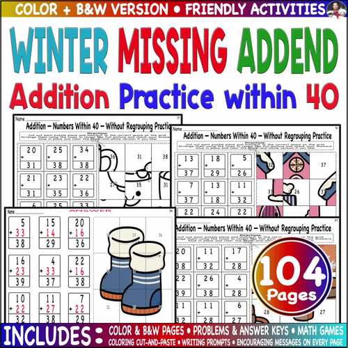 Winter Addition Color Code Picture Missing Addend to 40 Worksheets Puzzle.