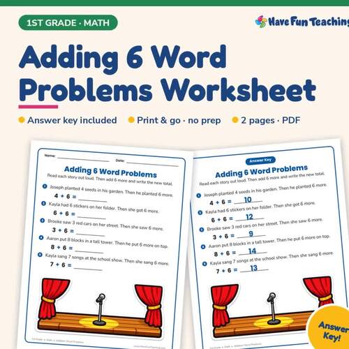 Adding 6 Word Problems Worksheet | 1st Grade Basic Operations Practice