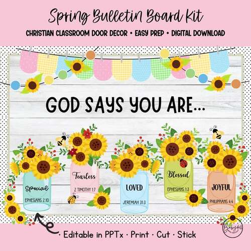 Spring Bulletin Board Kit: God Says You Are | Christian Sunflower Decor