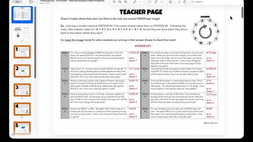 7th Grade Math Review Thanksgiving Activity Rational Numbers Word Problems