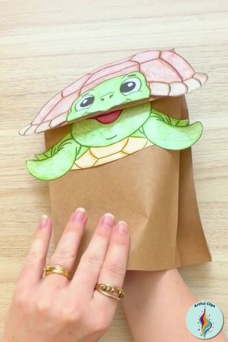 Paper Bag Puppet Turtle Craft Template, Summer Color, Cut and Paste ...