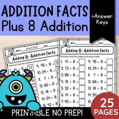 Adding 8 Addition Facts Plus 8 Double Digit Math Practice | 1st and 2nd ...
