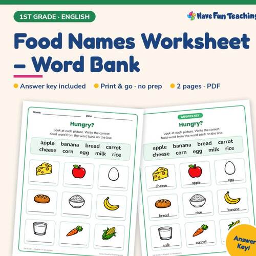 Food Names Worksheet – Word Bank | 1st Grade Health Practice with ...