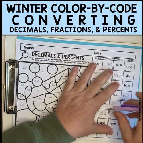 Winter Math Fractions, Decimals & Percents Color by Code Differentiated Practice