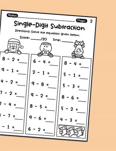 Christmas Single Digit Subtraction Math Fact Fluency Drills Worksheets ...