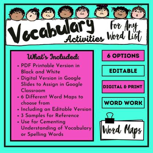 Editable Vocabulary Word Maps Activity Any Word List 3rd 4th 5th Grades
