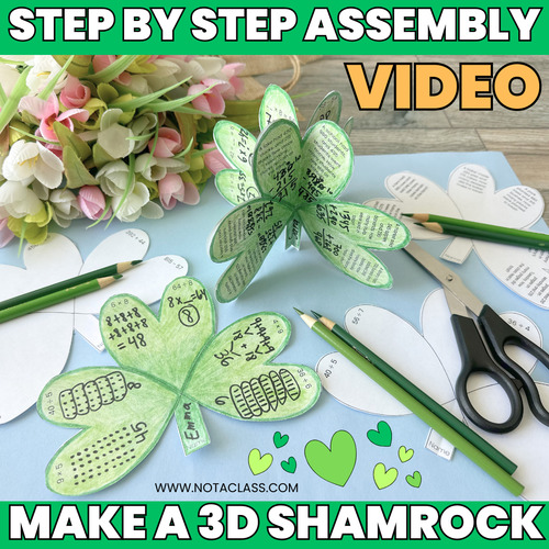 Preview of 3D Shamrock Assembly Video for Students, March St Patricks Day Math Craft Clover