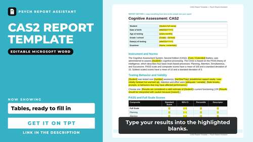 CAS2 Report Template | Cognitive Assessment System 2 PASS Write-Up | Word