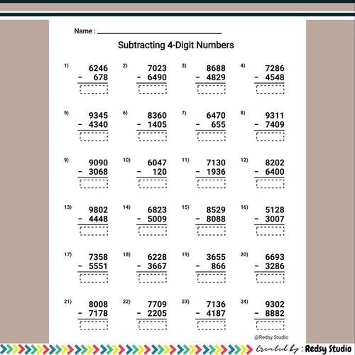 4 Digit Subtraction Worksheet by Redsy Studio TPT