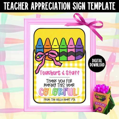 Teacher Staff Appreciation Crayon Sign, Colorful Bow Rainbow Thank You ...