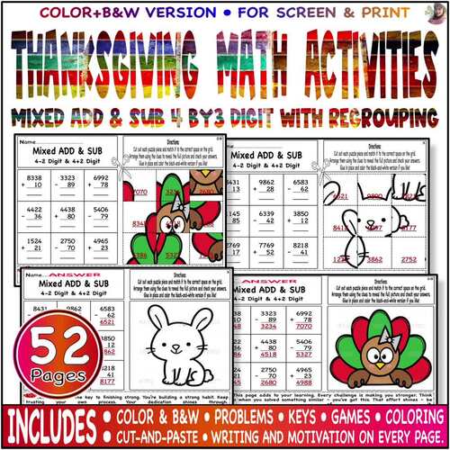 Mixed Add Subtract 4 and2 digit with regrouping | Thanksgiving Math ...