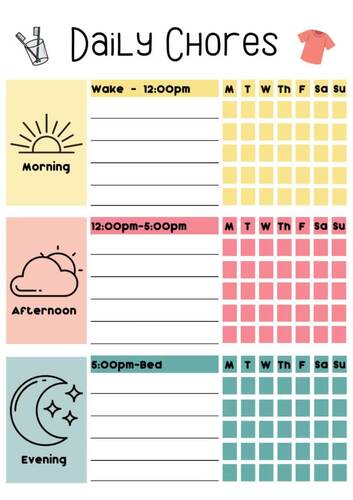 Daily Chore Chart for kids / printable/ write your own chores/ 5 and 7 ...