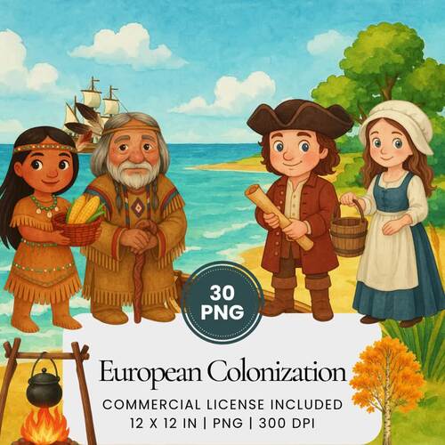 European Colonization of North America Watercolor Clipart Collection