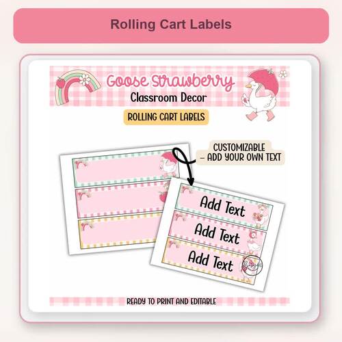 Editable 10 Drawer Rolling Cart Labels Goose Strawberry Classroom Decor Kit