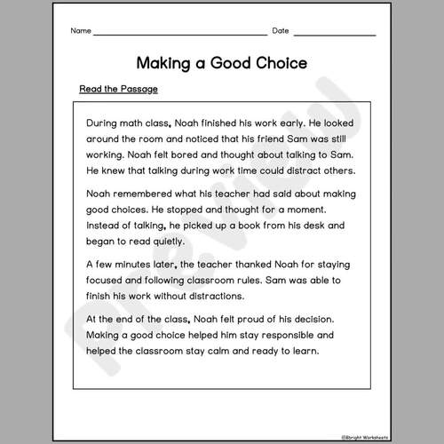 Reading Comprehension Passage: Making a Good Choice (Grade 2–3) | No Prep