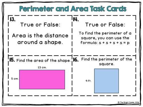 Area and Perimeter Task Cards, Area and Perimeter Worksheets 4th Grade Math