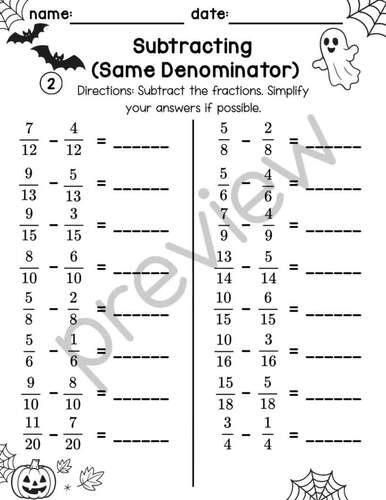 5th Grade Halloween Math Activity | Fractions Assessment Worksheets