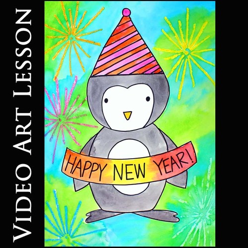 Preview of HAPPY NEW YEAR PENGUIN Video Art Lesson | Drawing & Watercolor Painting Project