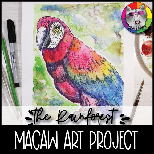 Preview of Tropical Rainforest Art Lesson, Macaw Watercolor Painting for Middle School