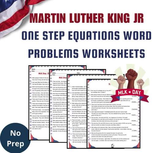 MLK DAY One Step Equations Word problems Extensive Math Worksheets No Prep