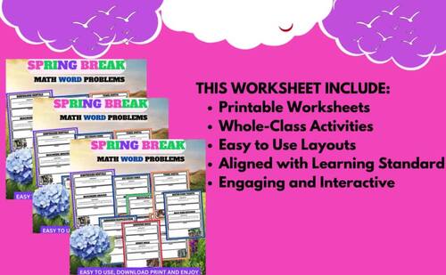 Spring Break Math Word Problem Activities 3rd,4th,5th,6th,7th,8th,9th,Grade