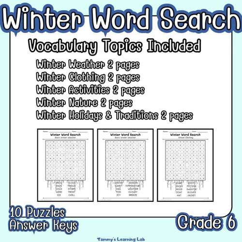 Winter Word Search for Grade 6 Vocabulary Activity Worksheets No Prep