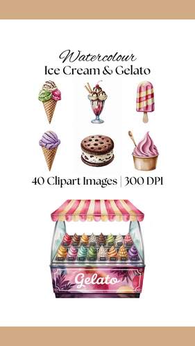 40 Ice Cream Gelato Clipart Bundle, Watercolor Dessert PNG, Cones ...