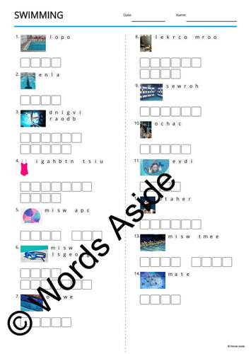 Vocabulary Puzzle Writing Worksheets Crossword Word Search Anagram SWIMMING