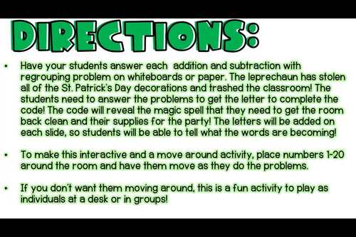 St. Patrick's Day Crack the Code Game | Two Digit Add & Subtract No ...