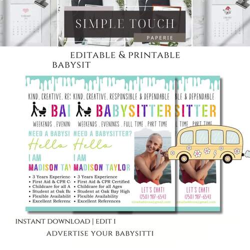 Editable and Printable Babysitting Flyer Template by Simple Touch Paperie