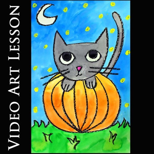 Preview of HALLOWEEN CAT & PUMPKIN Art Project | Easy FALL Drawing & Painting Lesson