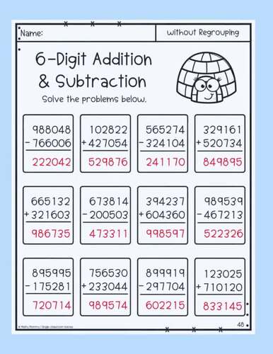 Winter 6 Digit Addition and Subtraction WITHOUT Regrouping Worksheets ...