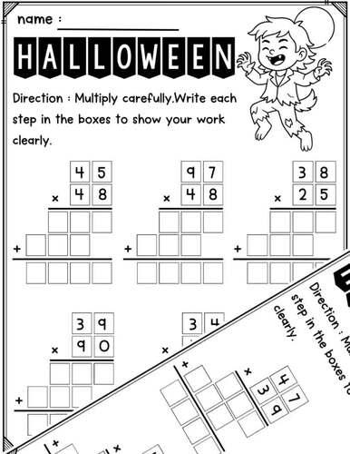 4th Grade Halloween Math | Multiplication 2-Digit Practice & Word Problems