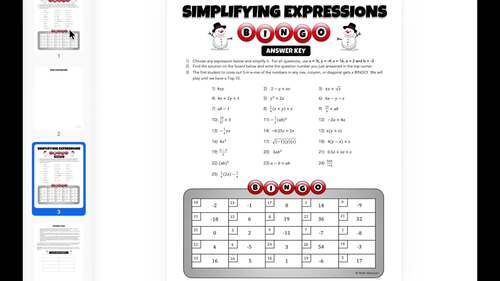 Simplifying Algebraic Expressions with Replacement Activity Christmas ...